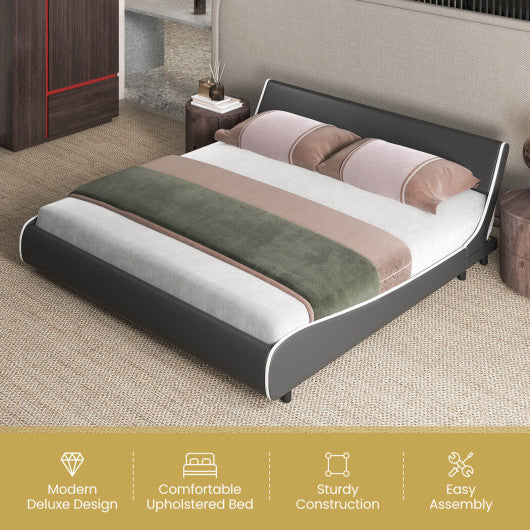 Upholstered Platform Bed Frame Low Profile Faux Leather with Curved Headboard-King Size