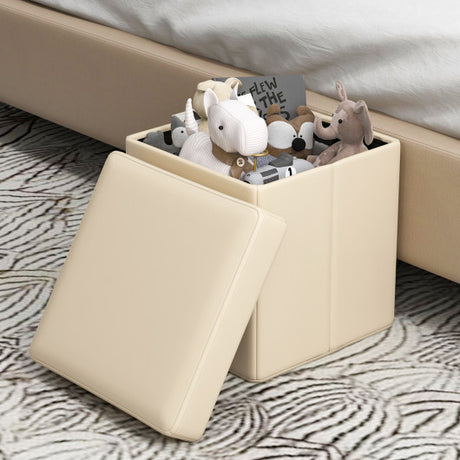 Upholstered Square Footstool with PVC Leather Surface for Bedroom-White