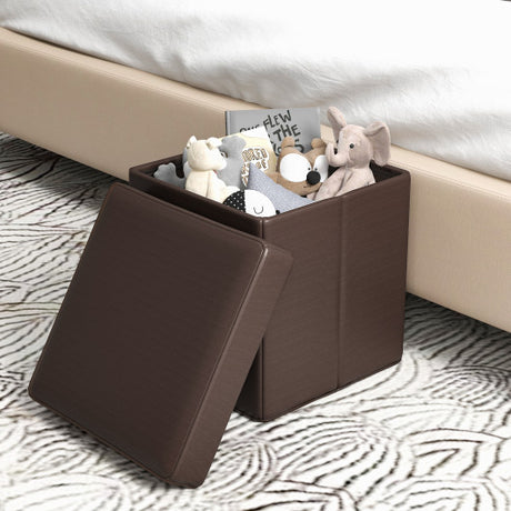 Upholstered Square Footstool with PVC Leather Surface for Bedroom-Brown