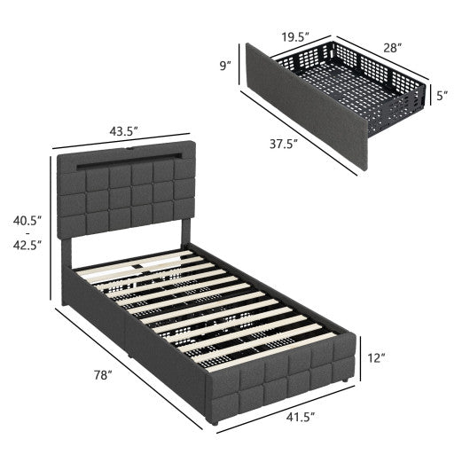Upholstered LED Bed Frame with Headboard and 4 Drawers-Twin Size