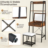 Ladder Vanity Desk Set with Flip Top Mirror and Cushioned Stool-Black
