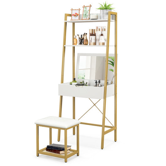 Ladder Vanity Desk Set with Flip Top Mirror and Cushioned Stool-Golden