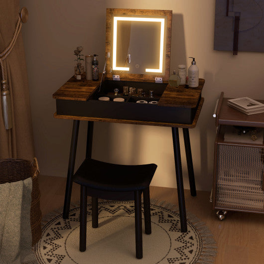 Vanity Table Set with Flip Top Mirror Lights USB Writing Desk and Stool-Brown