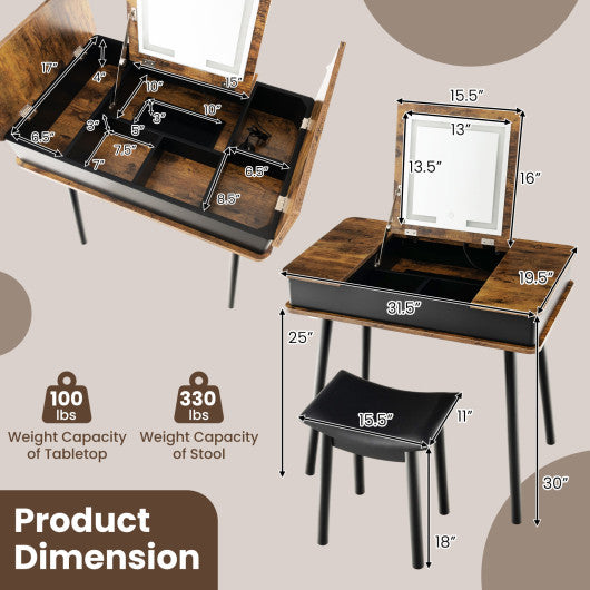 Vanity Table Set with Flip Top Mirror Lights USB Writing Desk and Stool-Brown