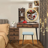 Vanity Table Set with 3-Color Lighted Mirror and Cushioned Stool-Rustic Brown