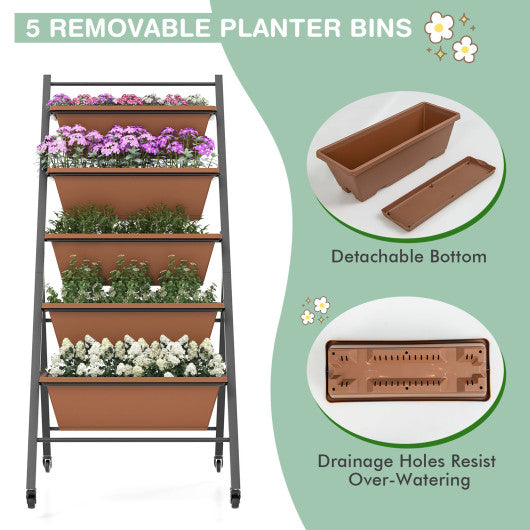5-Tier Vertical Raised Garden Bed with Wheels and Container Boxes-Brown