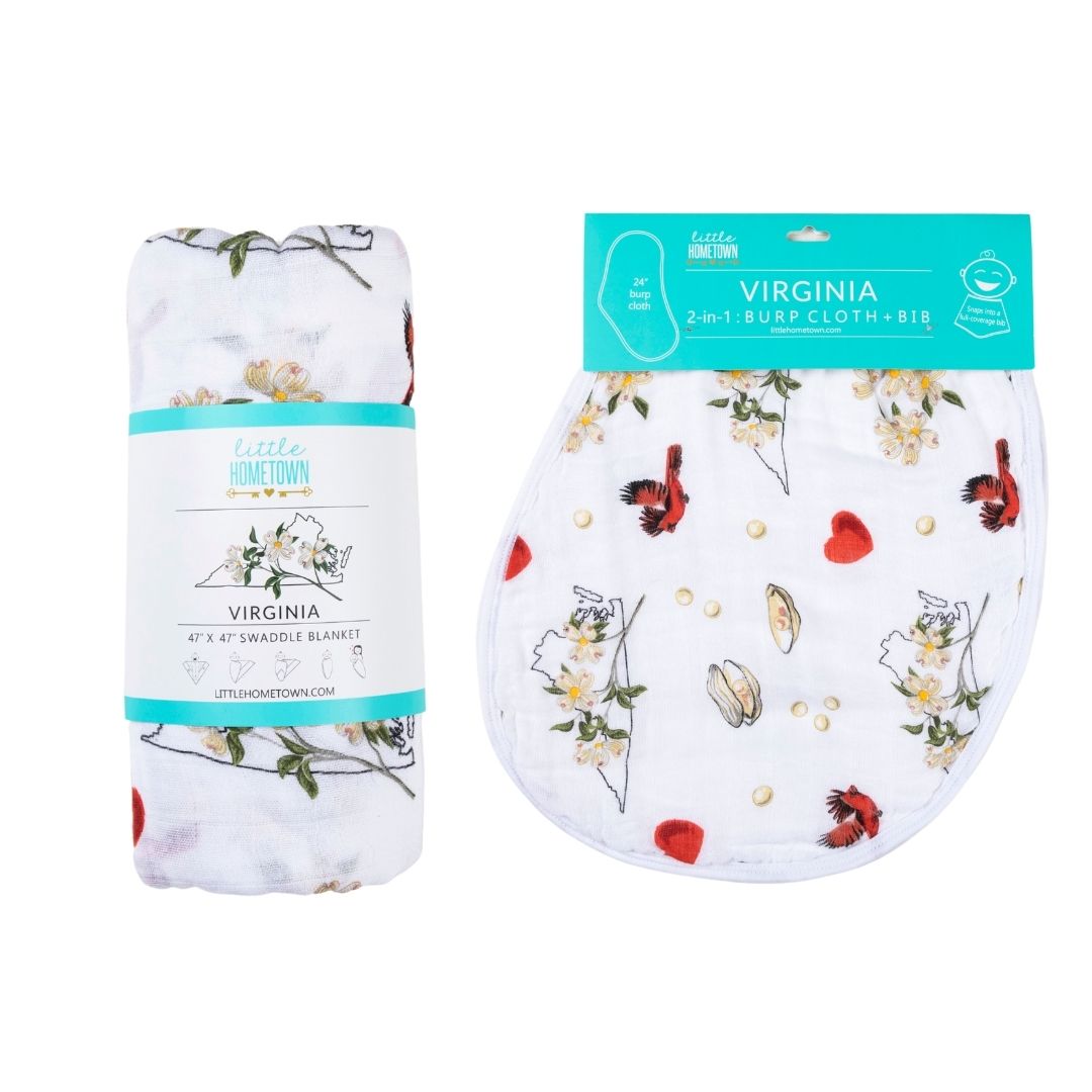 Gift Set: Virginia Baby Muslin Swaddle Blanket and Burp Cloth/Bib Combo (Floral) by Little Hometown