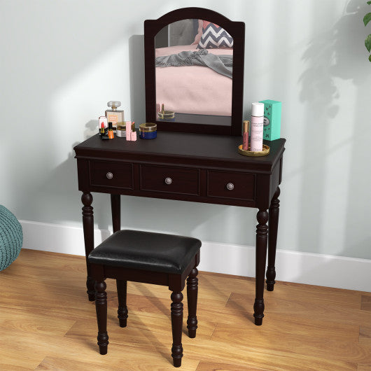 Makeup Vanity Table and Stool Set with Detachable Mirror and 3 Drawers Storage-Walnut