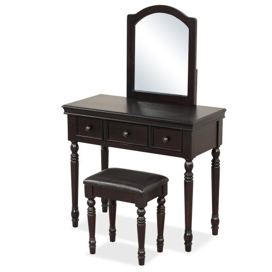 Makeup Vanity Table and Stool Set with Detachable Mirror and 3 Drawers Storage-Walnut