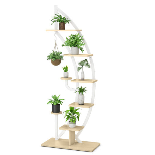 6-Tier 9 Potted Metal Plant Stand Holder Display Shelf with Hook-White