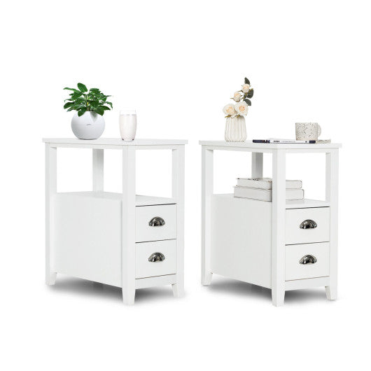 2 Pieces Wooden Bed-side Nightstand Set with 2 Drawers-White
