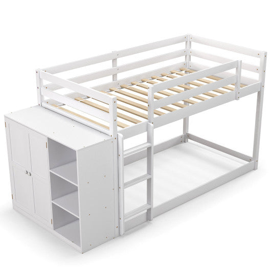Twin Size Bunk Bed with Convertible Bookcase and Ladder-White