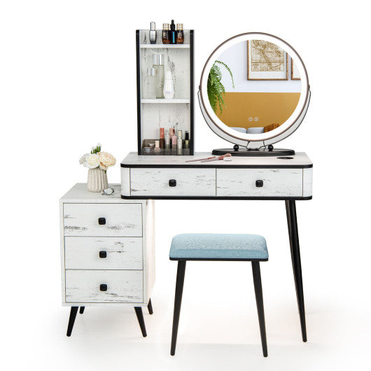 Vanity Table Set with 3-Color Lighted Mirror and Cushioned Stool-White