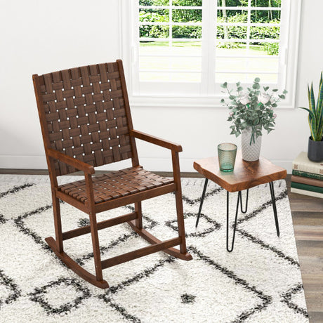 Patio Wood Rocking Chair with PU Seat and Rubber Wood Frame-Brown