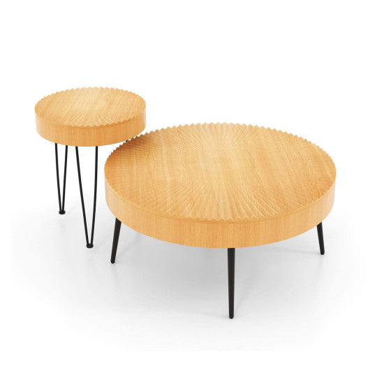 2 Set of Wooden Coffee Table with Metal Legs and Adjustable Foot Pads-Radial Pattern