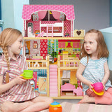 Doll House Playset with 3 Stories and 6 Simulated Rooms and 15 Pieces of Furniture-Pink