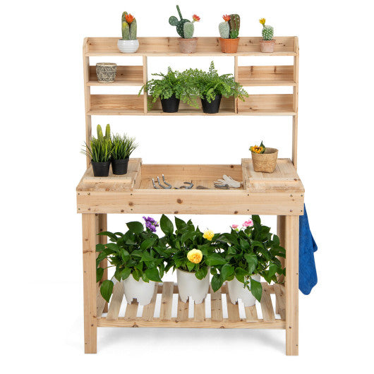 Large Garden Potting Bench Table with Display Rack and Hidden Sink-Natural