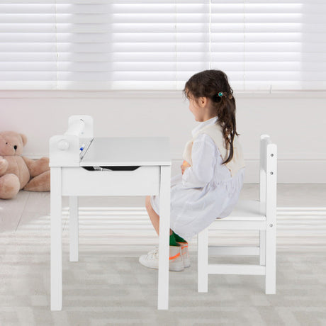 Wooden Kids Table and Chair Set with Storage and Paper Roll Holder-White