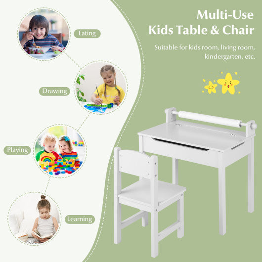 Wooden Kids Table and Chair Set with Storage and Paper Roll Holder-White