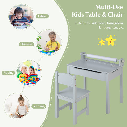 Wooden Kids Table and Chair Set with Storage and Paper Roll Holder-Gray