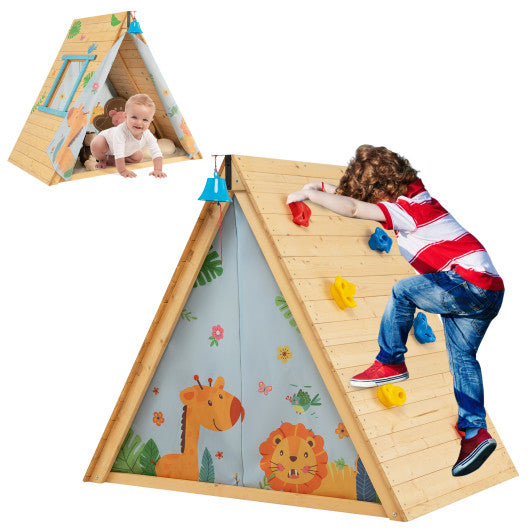 2-in-1 Wooden Kids Triangle Playhouse with Climbing Wall and Front Bell