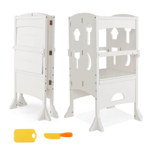 Folding Wooden Step Stool with Lockable Safety Rail for Toddler 3+-White