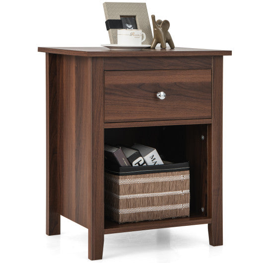 Wooden Nightstand with Slide-out Drawer and Open Shelf-Walnut
