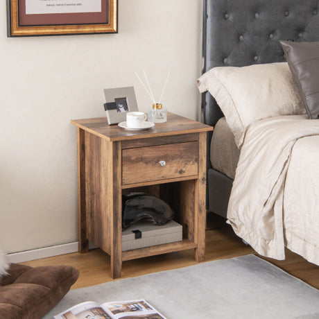 Wooden Nightstand with Slide-out Drawer and Open Shelf-Rustic Brown
