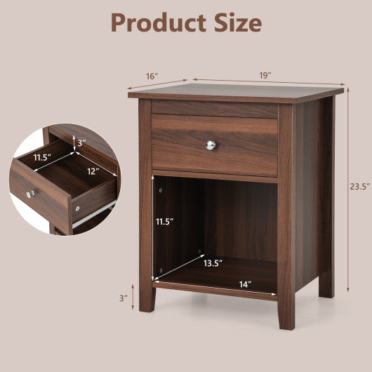 Wooden Nightstand with Slide-out Drawer and Open Shelf-Walnut