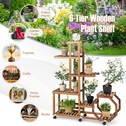 8-Tier Plant Stand with Lockable and Detachable Wheels for 12 Pots-Brown
