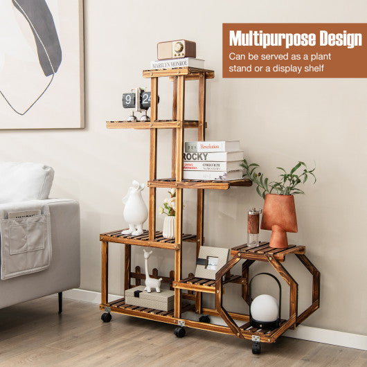 8-Tier Plant Stand with Lockable and Detachable Wheels for 12 Pots-Brown
