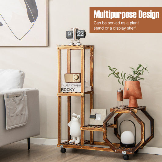 6-Tier Wooden Plant Stand with Wheels-Brown