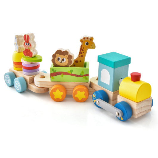 Wooden Stackable Educational Train Set with Colorful Animal Toys and Retractable Locomotive