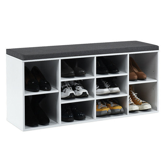 10-Cube Organizer Shoe Storage Bench with Cushion for Entryway-White