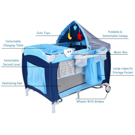 Foldable Baby Crib Playpen with Mosquito Net and Bag-Blue