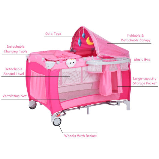 Foldable Baby Crib Playpen with Mosquito Net and Bag-Pink