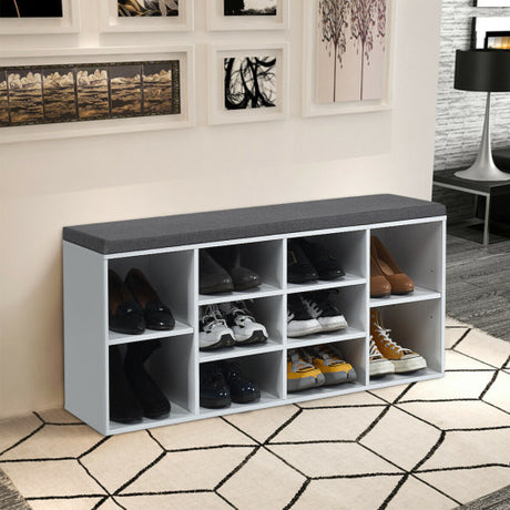 10-Cube Organizer Shoe Storage Bench with Cushion for Entryway-White