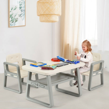 Kids Table and 2 Chairs Set with Storage Shelf-White