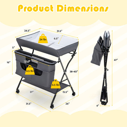 Portable Adjustable Height Newborn Nursery Organizer with wheel-Gray