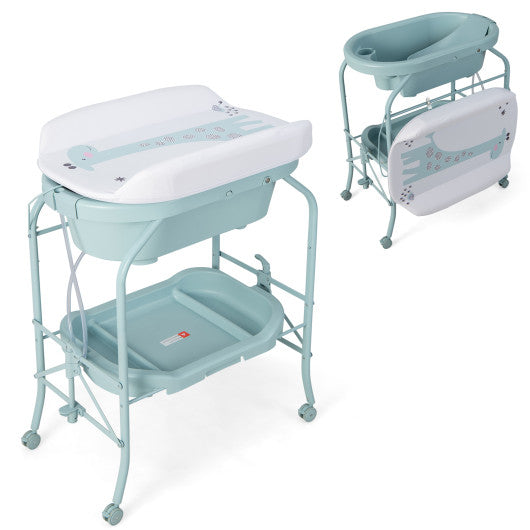 Folding Baby Changing Table with Bathtub and 4 Universal Wheels-Blue