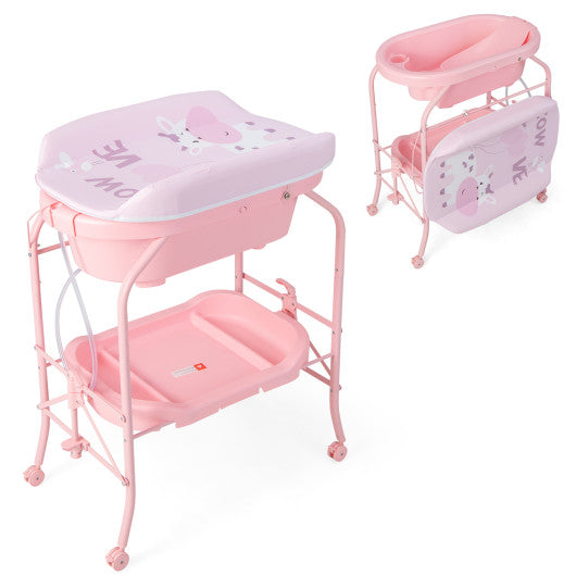 Folding Baby Changing Table with Bathtub and 4 Universal Wheels-Pink