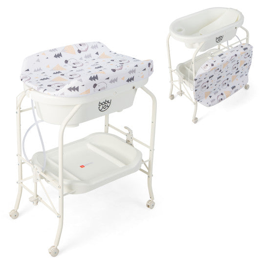Folding Baby Changing Table with Bathtub and 4 Universal Wheels-White
