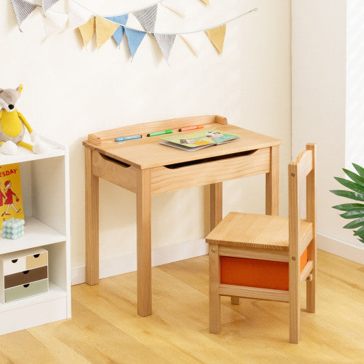 Wood Activity Kids Table and Chair Set with Storage Space-Natrual