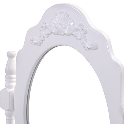 Vanity Table Set with Cushioned Stool with 360° Rotating Oval Mirror and Three Drawers-White