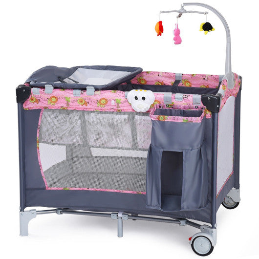 Foldable 2 Color Baby Crib Playpen Playard-Pink