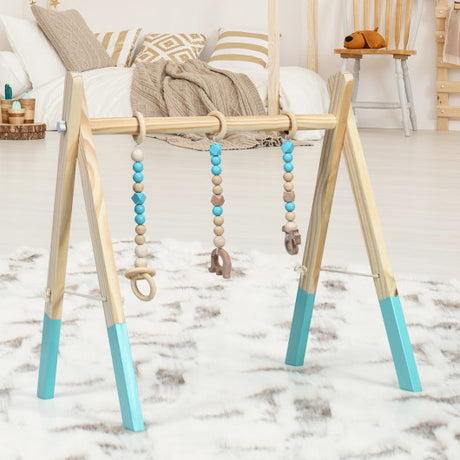 Portable 3 Wooden Newborn Baby Exercise Activity Gym Teething Toys Hanging Bar-Blue