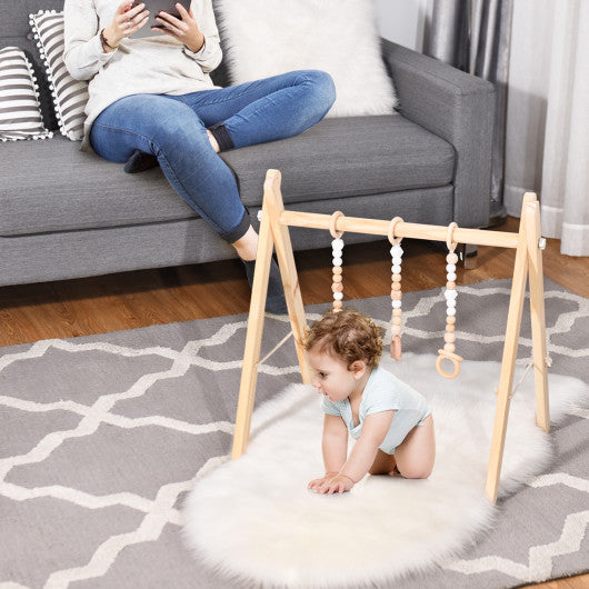 Portable 3 Wooden Newborn Baby Exercise Activity Gym Teething Toys Hanging Bar-Natural