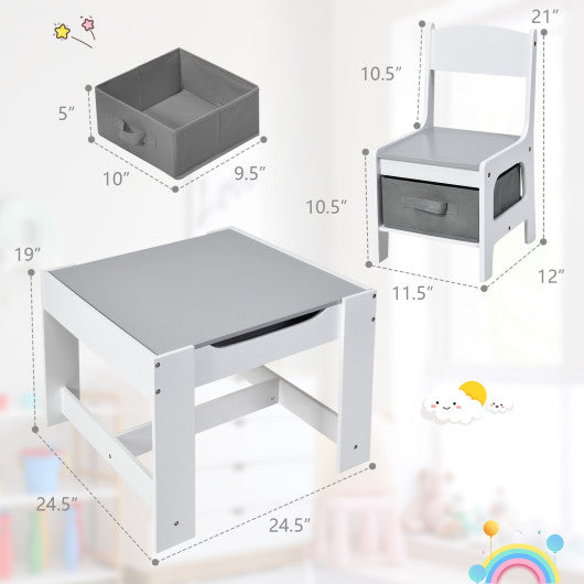 Kids Table Chairs Set With Storage Boxes Blackboard Whiteboard Drawing-White