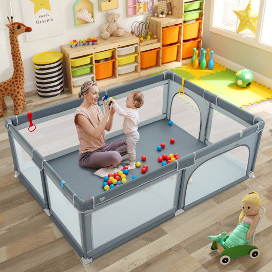 Portable Extra-Large Safety Baby Fence with Ocean Balls and Rings-Gray