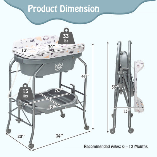 Portable Baby Changing Table with Storage Basket and Shelves-Gray